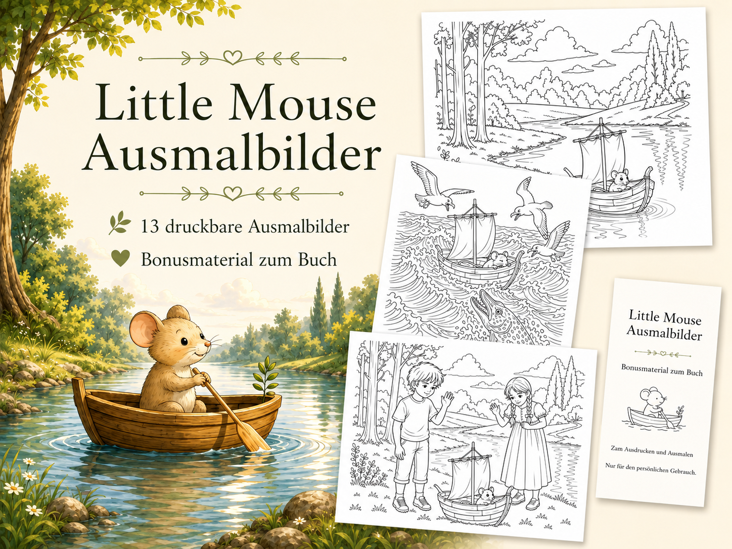 Little Mouse Ausmalbilder mit drei Vorschauseiten und einer farbigen Maus im Boot