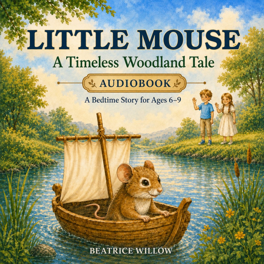 Cover des Little Mouse Hörbuchs mit einer kleinen braunen Maus in einem selbst gebauten Boot auf einem Fluss